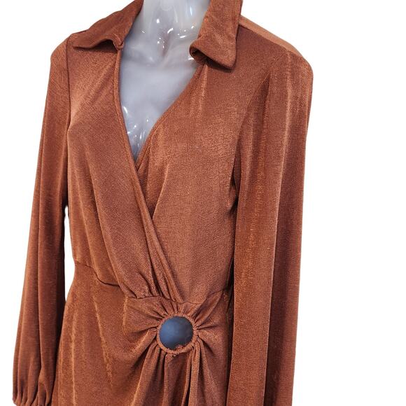 Princess Polly Long Sleeve Collared Mini Dress Side Ring Detail Brown Size US 4 - Picture 4 of 9